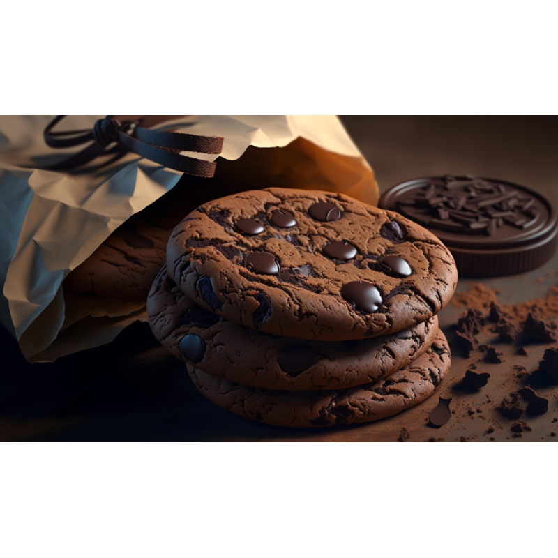 Un cookie tout chocolat est un biscuit au cacao, croustillant dehors et moelleux dedans, rempli de morceaux de chocolat fondants